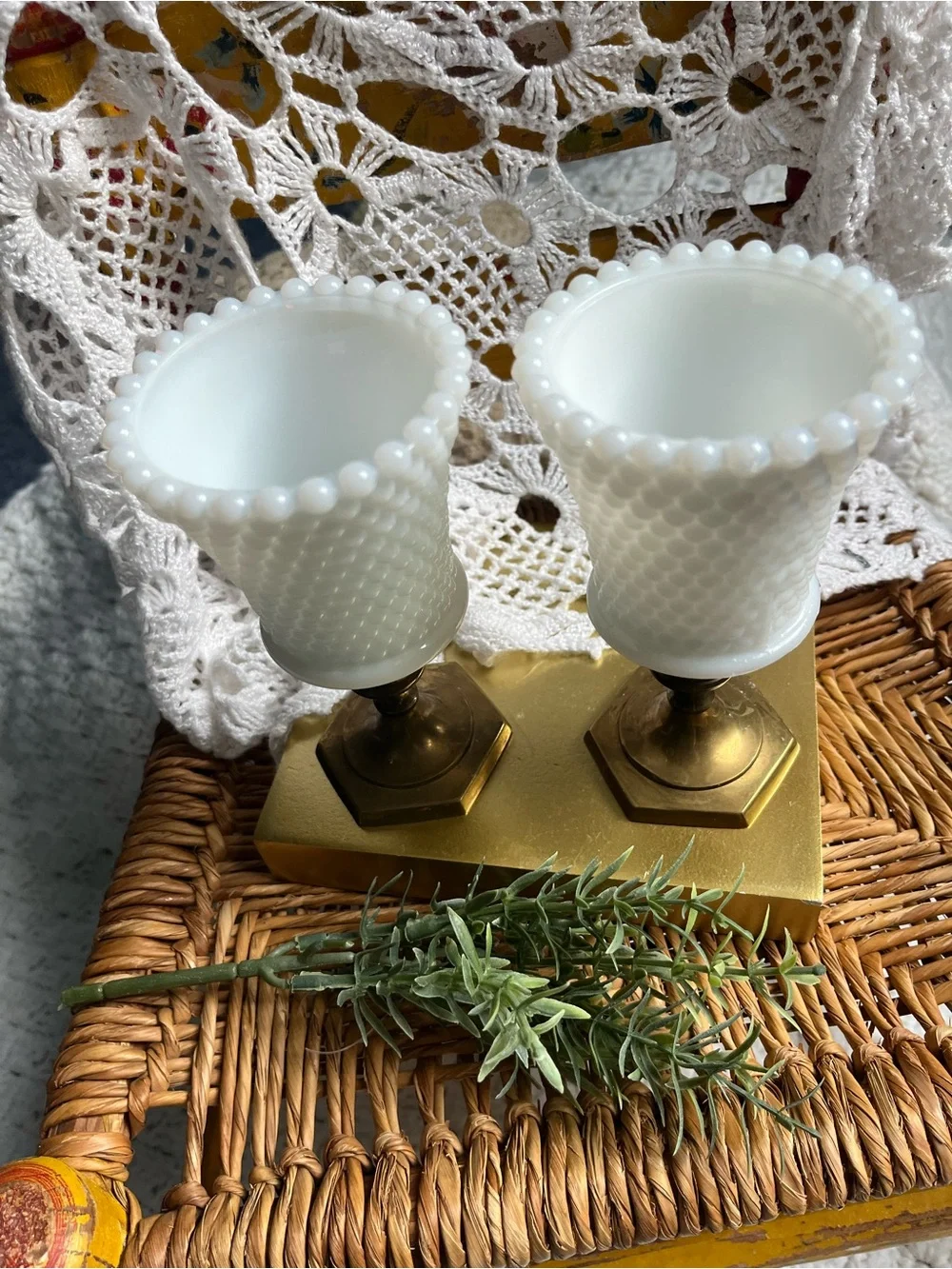 Vitg Ring of Fire Hobnail Milk Glass Peg Votives Paired with Vtg brass holders